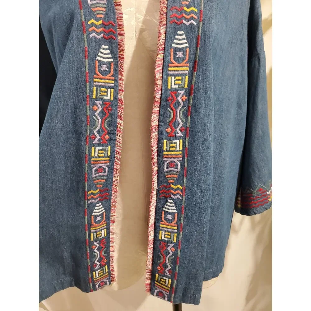 Falls Creek Chambray Denim Embroidered Southwestern Open Cardigan Size 1X Boho